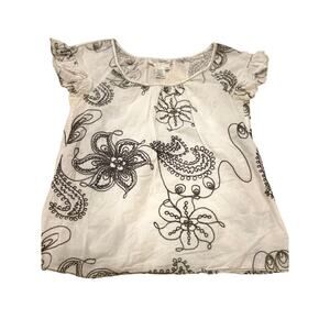 Max Studio XS White Cotton Embroidered Boho Floral Blouse Top